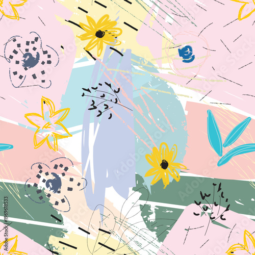 Abstract floral seamless background design featuring various hand drawn flowers. Leaves. And artistic scribbles over a pastel palette of brush strokes. Representing creativity. Nature. And modern art