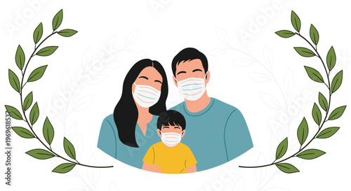 Portrait of a young family wearing protective masks framed by a green leaf wreath to symbolize safety and health.