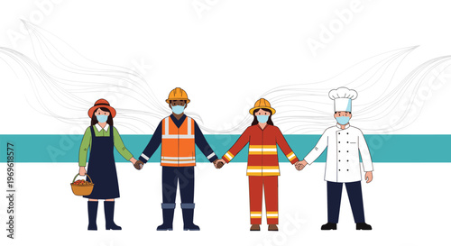 Group of four diverse essential workers from different fields holding hands while wearing protective face masks for unity.