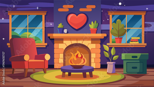 Cozy indoor setting with a fireplace, plants, and furniture in a nighttime atmosphere with a heart decoration
