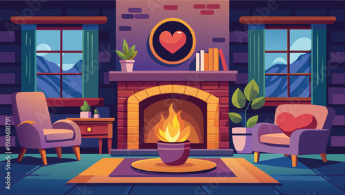 Cozy indoor space with a fireplace, plants, and chairs during the evening in a living room