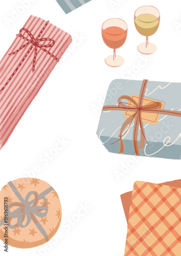 Gift boxes, wine glasses and cookie illustration set with copy space, cozy holiday lifestyle background