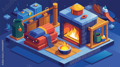 Cozy campsite with fire, equipment, and supplies for outdoor adventure in evening light