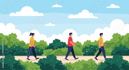 Three people wearing protective face masks walking in a public park while maintaining social distance on a path.
