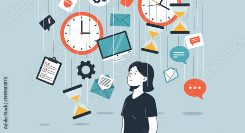 Woman overwhelmed by falling objects representing tasks and time.