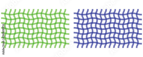 Two abstract wavy grid patterns in green and blue on a white background