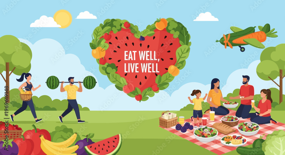 Obraz premium Healthy lifestyle picnic, fitness, organic food, heart shape fruit and vegetables, family fun