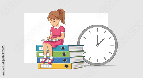 Young Girl Studying on Stack of Books Near Clock.