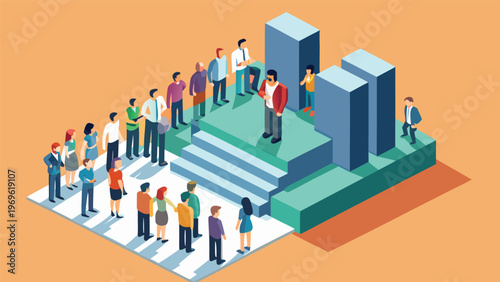 Crowd gathers around speaker on stage during public event in urban setting