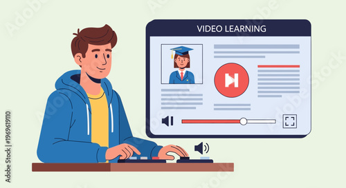Young man learning online through video education platform.