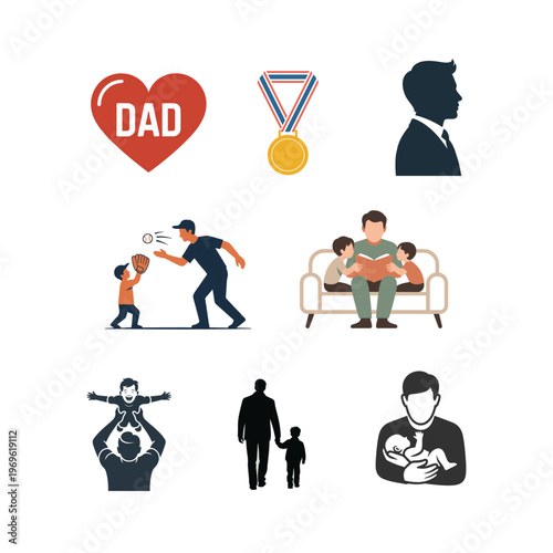 Fatherhood icons set showing dad with children and love symbols in flat vector style