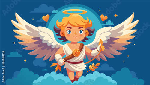 Cute angel character with wings and a halo holding a branch and standing on clouds