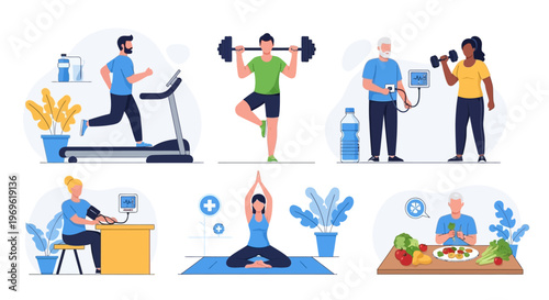 Healthy lifestyle set: fitness, yoga, healthy eating, and health checkups