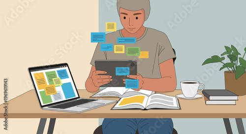 Young man studying with laptop and tablet.