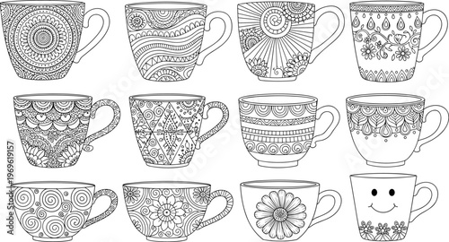 Hand drawn decorative tea cups set, intricate doodle patterns mug collection, black and white vector illustration for coloring page design