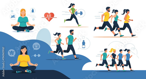 Healthy lifestyle: yoga, meditation, running, fitness, and wellness