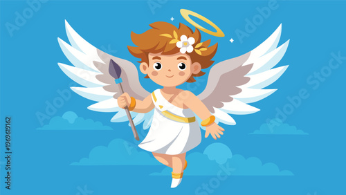 Child with wings and halo holds a spear and smiles in a bright blue sky with clouds