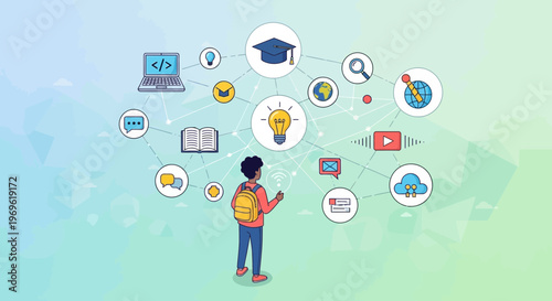 Young student surrounded by educational and technology icons.