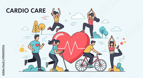 Cardio Care: People Exercising Around a Heart Symbol for Heart Health