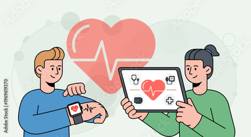 Digital Health Monitoring: Smartwatch and Tablet Displaying Heart Rate and Medical Icons