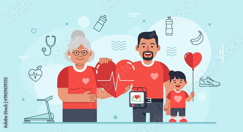 Healthy Family Heart Health Concept: Generations Embracing Wellness and Cardiovascular Care