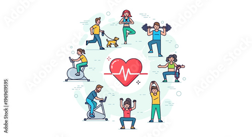 Healthy lifestyle concept: people doing various exercises around a heart symbol