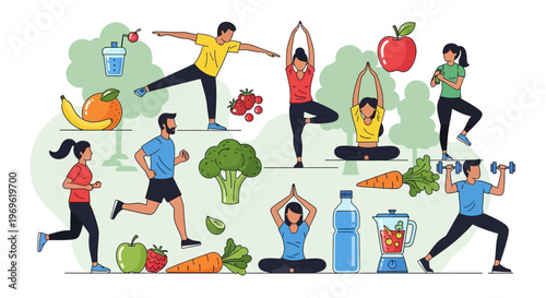Healthy Lifestyle: Fitness, Yoga, Running, Fruits, Vegetables, and Smoothies