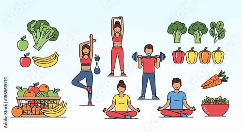 Healthy Lifestyle: Fitness, Yoga, and Nutritious Food Assortment