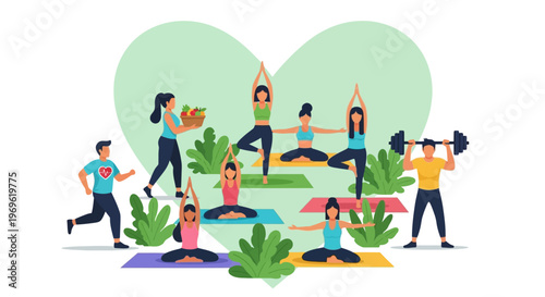 Healthy lifestyle people doing yoga, running, and weightlifting with heart shape background