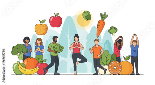 Healthy Lifestyle: People Exercising and Eating Fruits & Vegetables