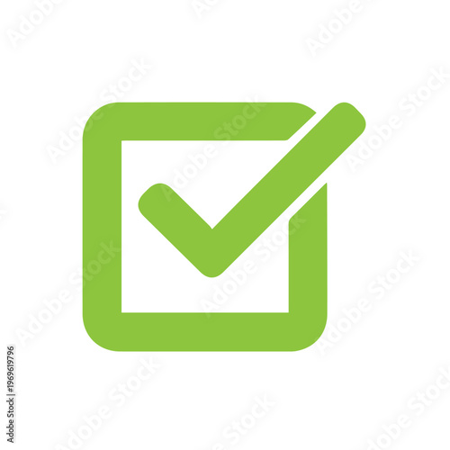 Green checkmark icon within a square box symbolizes completion and approval on a clean white background.
