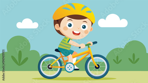 Child rides bicycle in a park on a sunny day enjoying outdoor fun with bright sky and green plants around