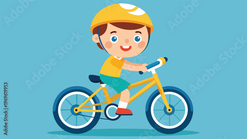 Child rides a bicycle with a yellow helmet on a blue background while smiling during a sunny day