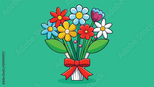 Bright flower bouquet with various colors tied with a red ribbon against a green background