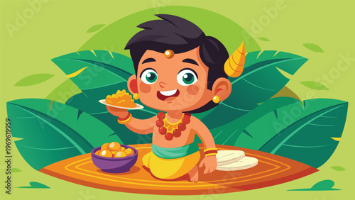 Child eats traditional food on a mat surrounded by plants while smiling with joy during a festive celebration