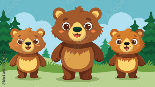 Three cartoon bears standing together in a forest clearing during daylight with trees in the background