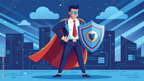 Superhero stands proudly in a city skyline with blue background and rays, holding a shield and wearing a cape during an evening scene