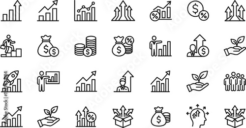 Business Growth and Investment Icons Set Featuring Financial Trends, Money Management, Success, and Teamwork for Websites, Apps, and Digital Media Designs