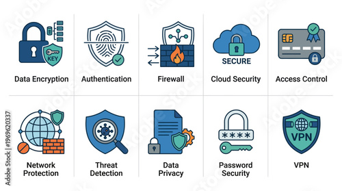 Cybersecurity Icons – Data Encryption, Authentication, Firewall, Cloud Security, Access Control, Network Protection, Privacy, Passwords, VPN, Digital Safety Graphics