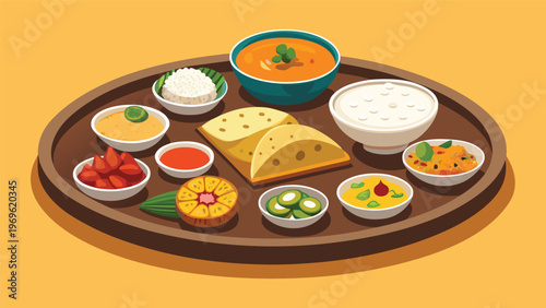 Traditional Indian meal served on a round tray with various dishes, including curries, rice, breads, and sides in a bright setting