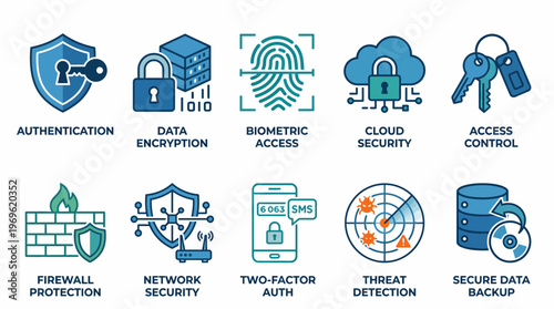 Cybersecurity Icons – Authentication, Encryption, Biometric Access, Cloud Security, Firewall, Network Protection, Threat Detection, Backup, Digital Safety Graphics