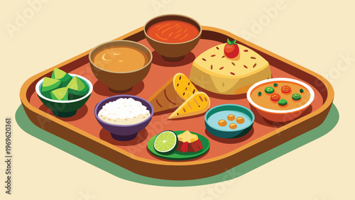 Delicious spread of Indian food served on a traditional tray with various dishes and sides
