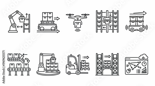 Warehouse Automation and Logistics Icons – Robotics, Drones, Forklift, Conveyor, Barcode Scanner, Inventory, Supply Chain, Digital Management Graphics
