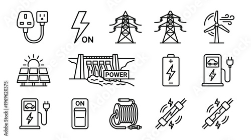 Electricity and Energy Icons – Power Plug, Transmission Towers, Wind Turbine, Solar Panels, Hydroelectric Dam, Battery, Charging Station Graphics