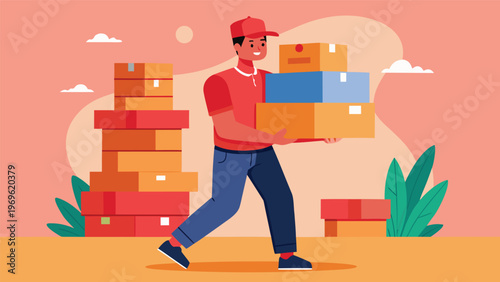 Worker carries boxes in a warehouse with stacked packages and green plants in the background during daylight hours