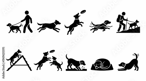 Dog Activity Icons – Walking, Frisbee, Running, Hiking, Agility Training, Sniffing, Digging, Sleeping, Play, Exercise, Pet Companionship Graphics