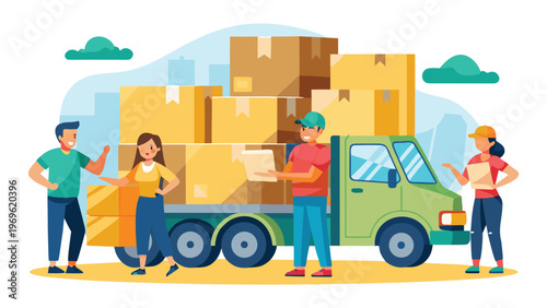 Workers load boxes into a green delivery truck in a city setting during the daytime