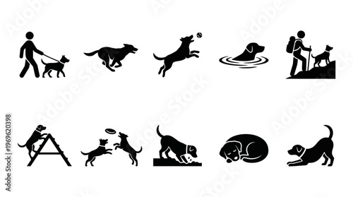 Dog Activity Icons – Walking, Frisbee, Running, Hiking, Agility Training, Sniffing, Digging, Sleeping, Play, Exercise, Pet Companionship Graphics