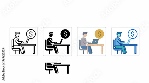 Digital Work and Online Income Icons – Laptop, Desk, Dollar Sign, Freelance Jobs, Remote Work, Financial Productivity Graphics