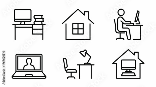Remote Work and Online Learning Icons – Home Office, Desk Setup, Computer, Laptop, Workspace, Digital Communication, Study, Productivity Graphics